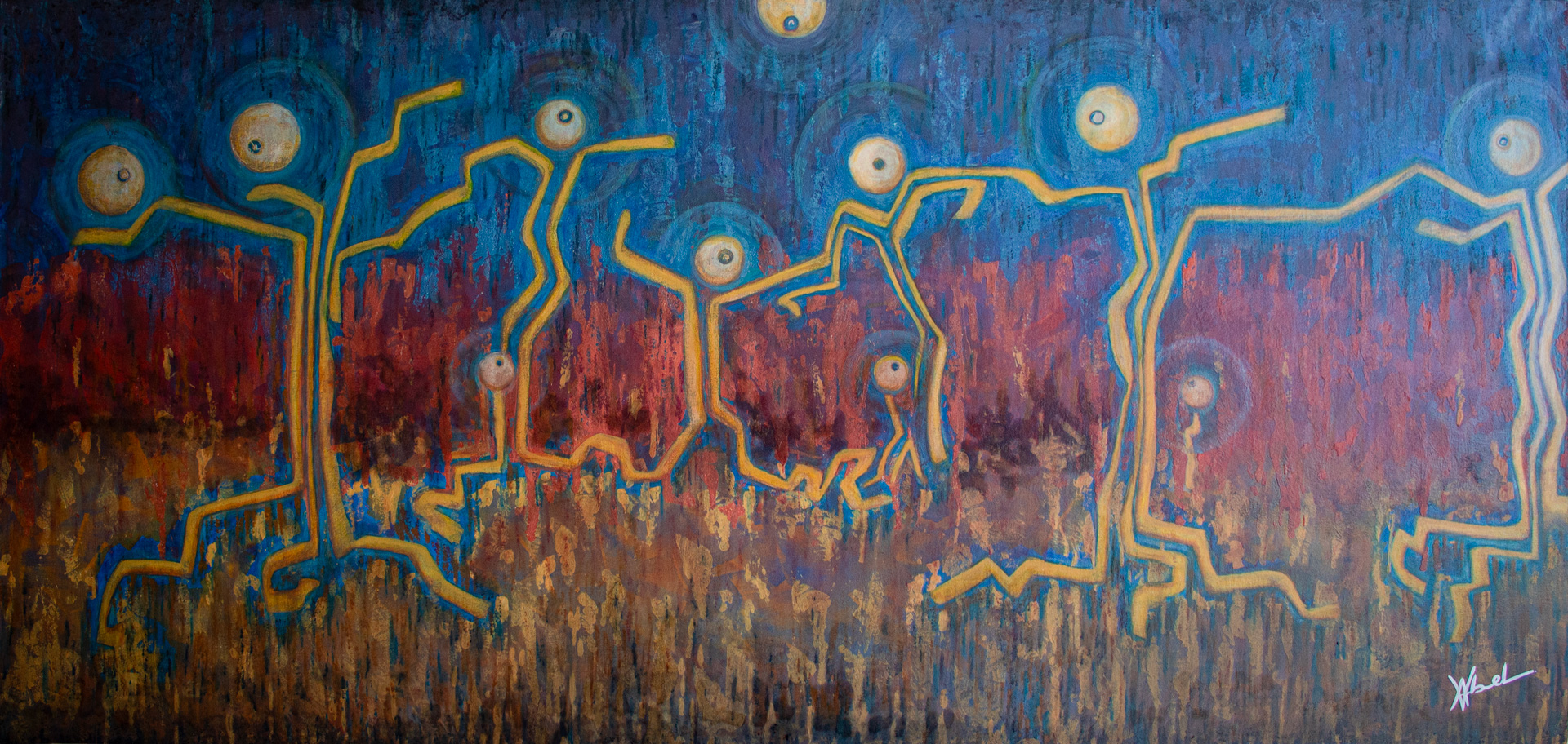 huile sur toile de 250x120cm ayant pour titre : Analogie entre l'homme et l'arbre
