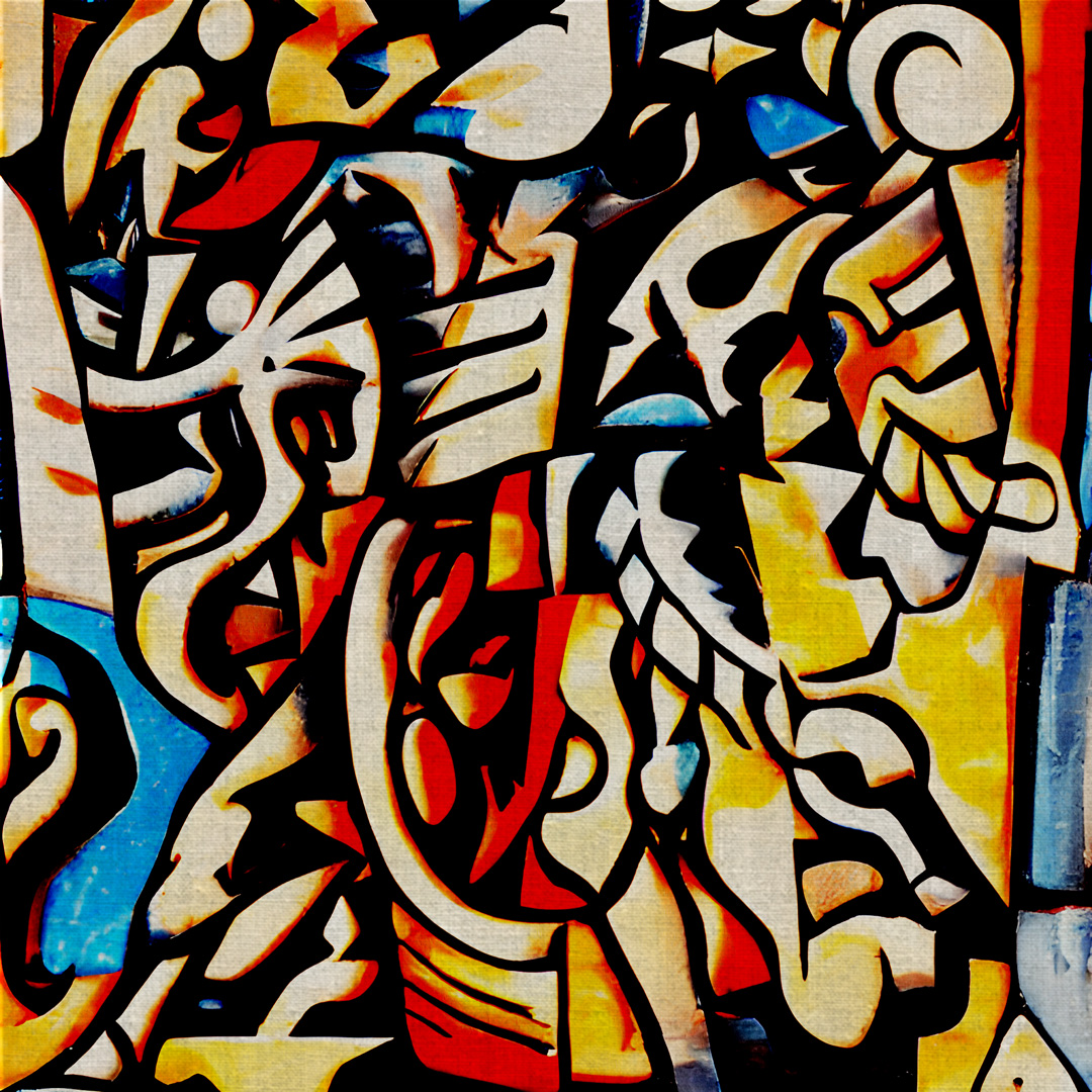 Huile sur toile montée sur panneau de bois de 120x120cm ayant pour titre : Abstraction réfléchissante pour artilleur recyclé