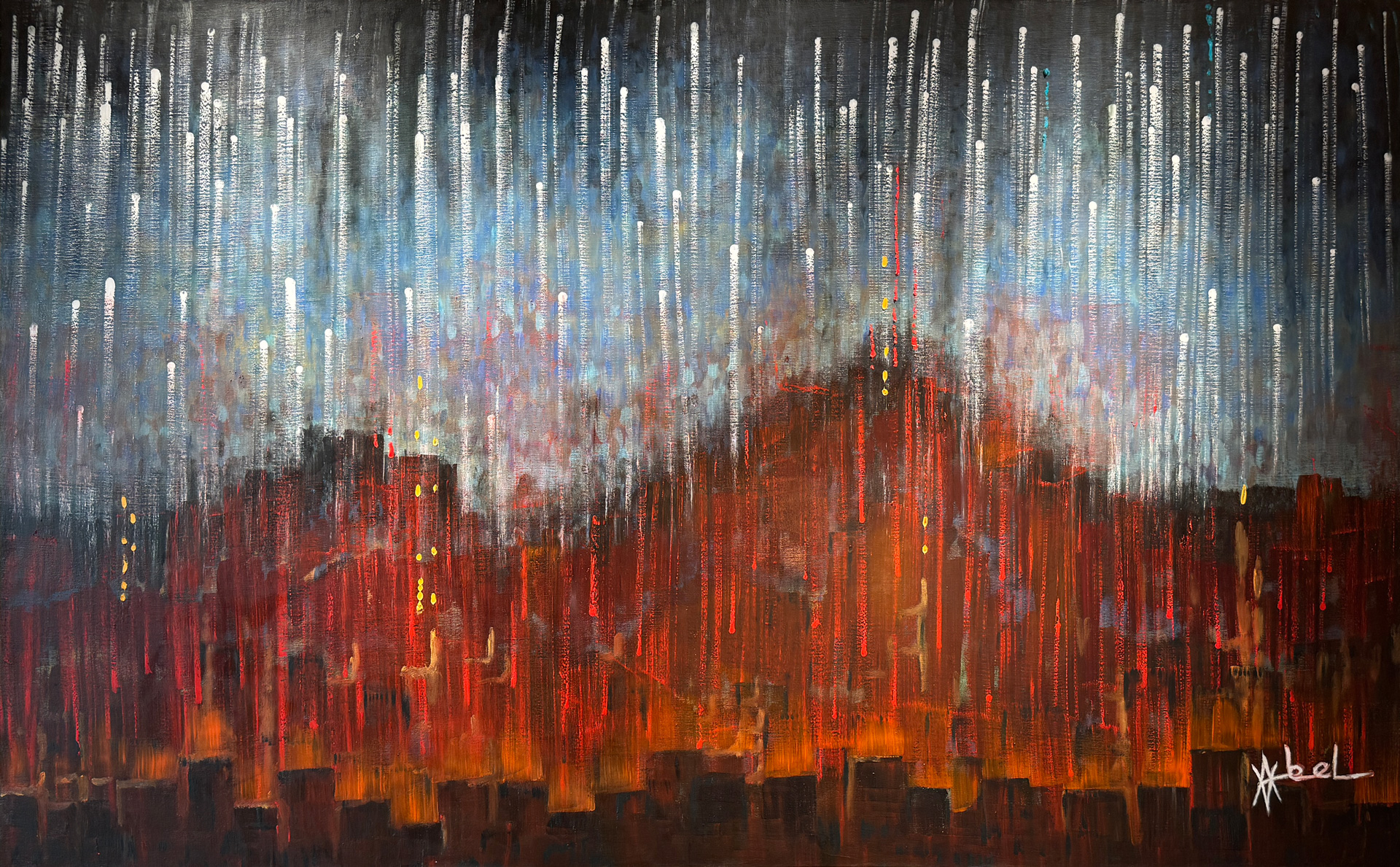Huile sur toile de 245x150cm intitulé : Faut-il attendre que les étoiles pleurent pour que le volcan se réveille