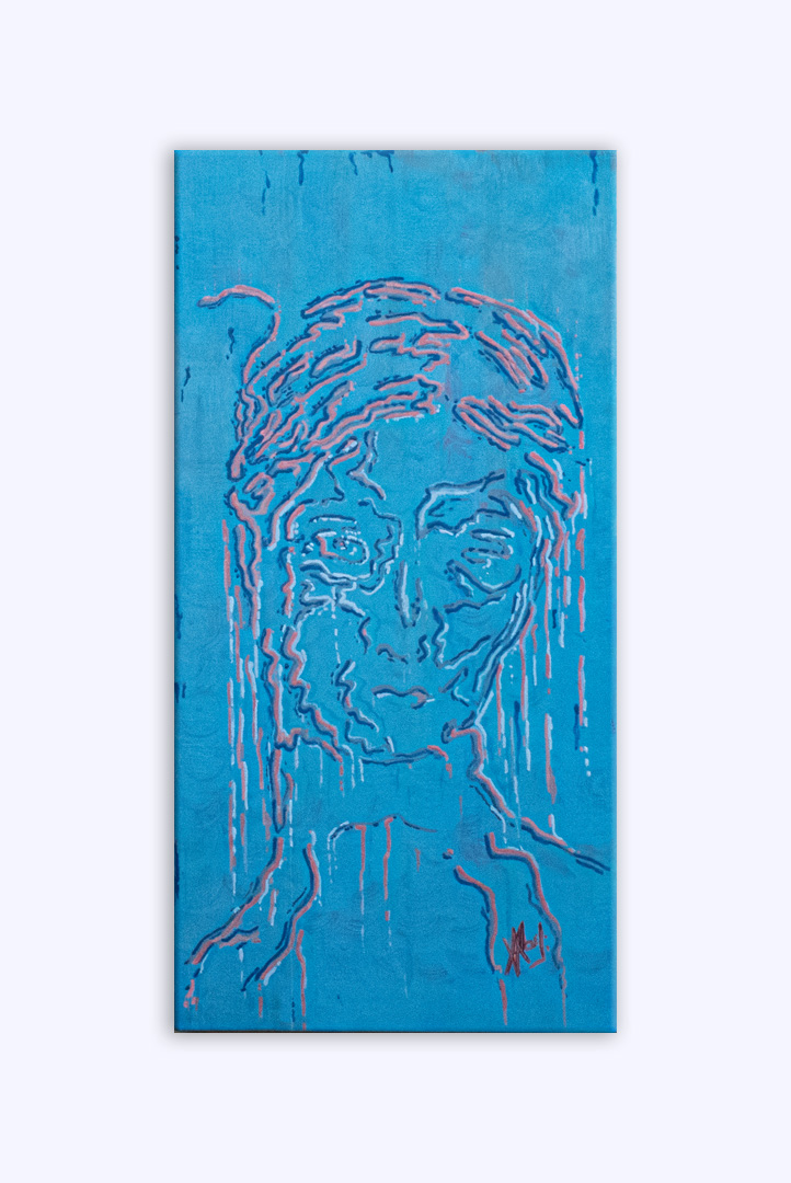 huile sur toile de 40x80cm ayant pour titre : Renaissance d'une divinité du membre jeté à la mer de son père émasculé par son fils à la demande de sa mère
