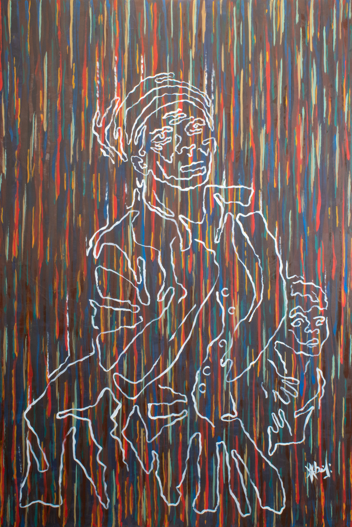 huile sur toile de 104x155cm ayant pour titre : Sculpture mimétique pour ménagère affranchie, mais non moins prisonnière de sa condition