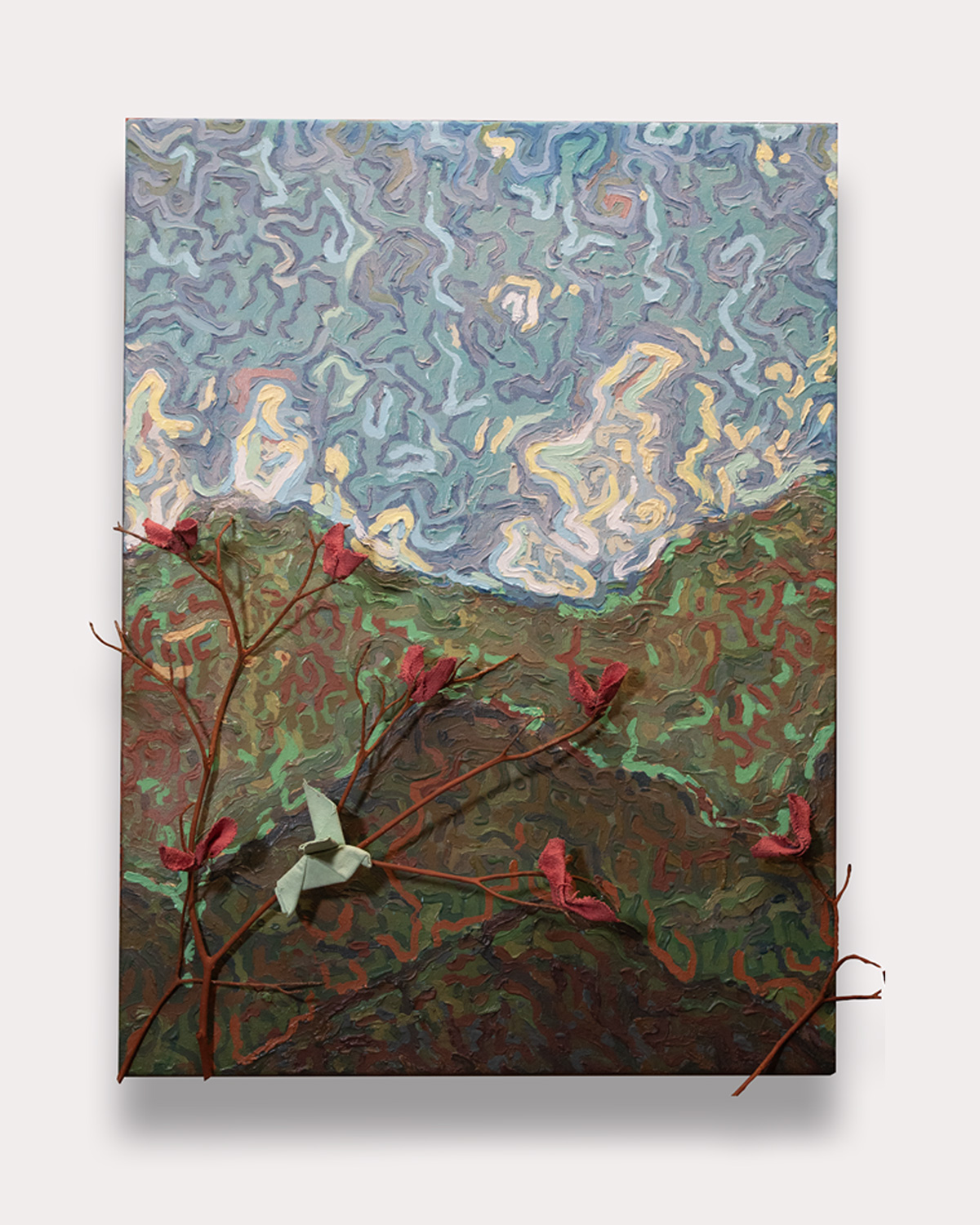 huile sur toile de 60x80cm ayant pour titre : Vision panoramique du Piton des neige pour le troisième oeil